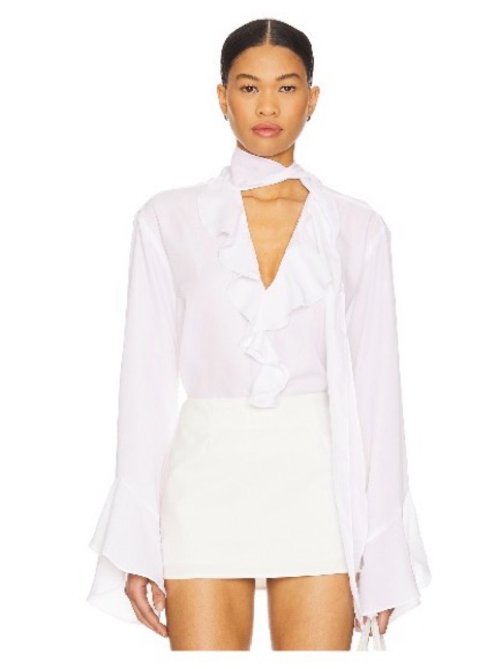 REVOLVE Ruffled V-Neck Tie Blouse in White